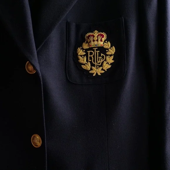 1990s Lauren Ralph Lauren gold bouillon crest navy wool twill blazer - Picture 8 of 9